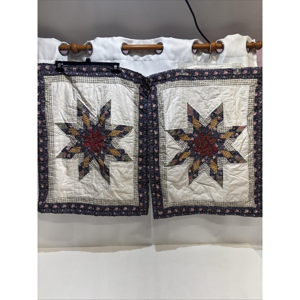 Vtg 1994 XL Large Quilt Pillow Cover Case Pair Blue Red STAR Hand Quilted Cotton
